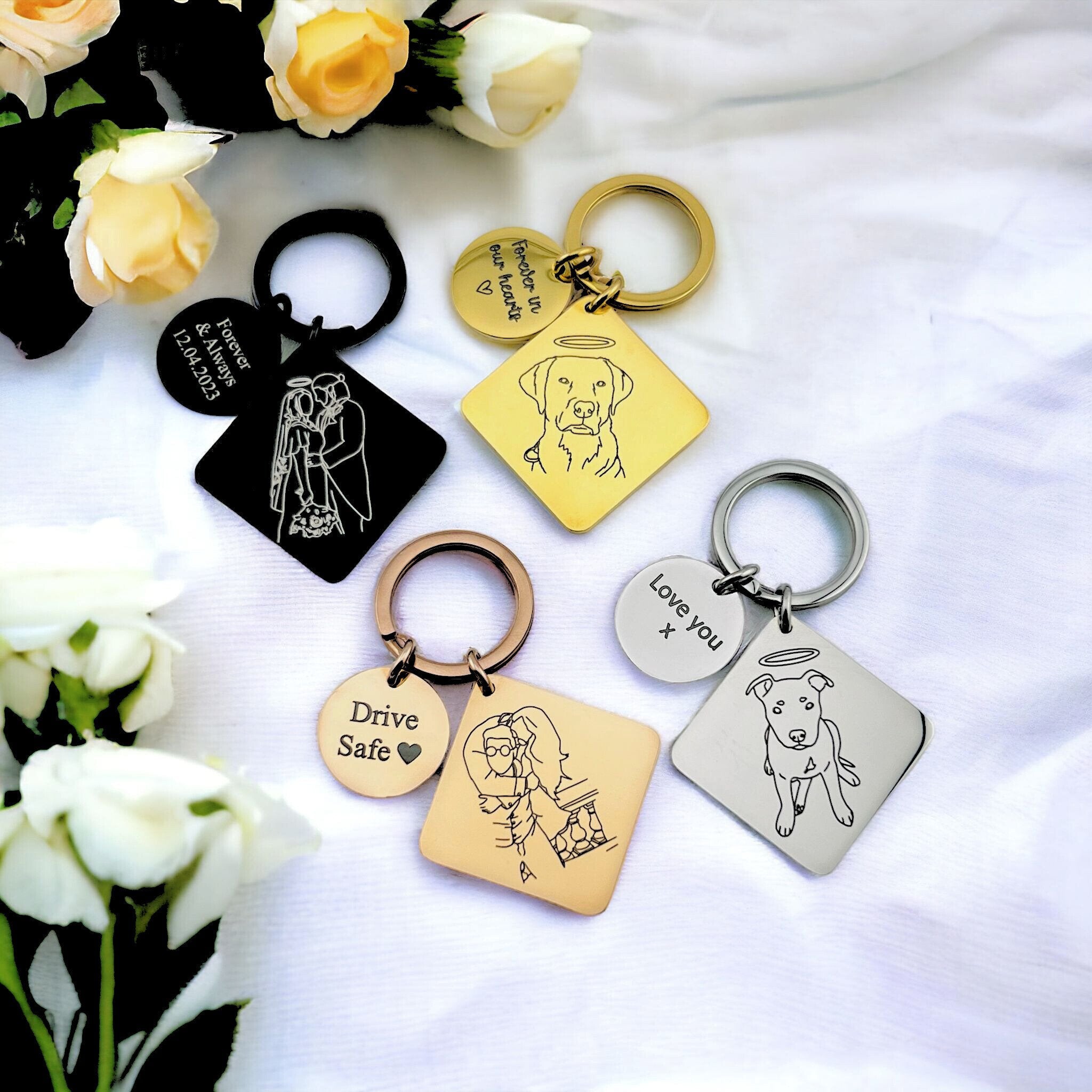 Line Art Memorial Pet Square Keychain - Twin Flame Custom