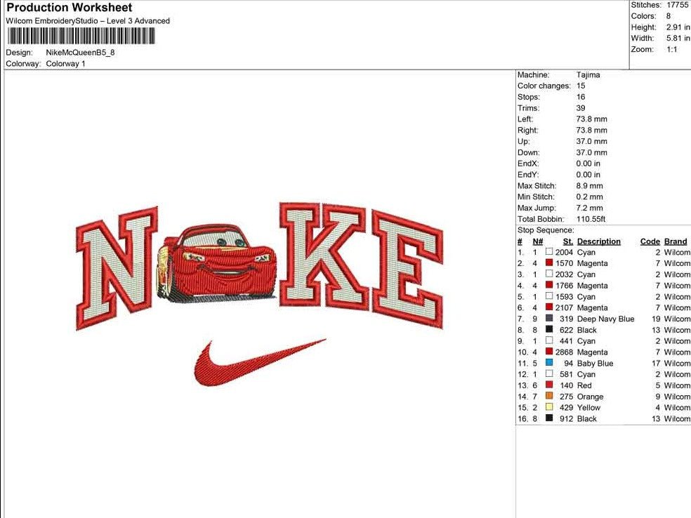 Nike Lightening McQueen Embroidery File - Twin Flame Custom