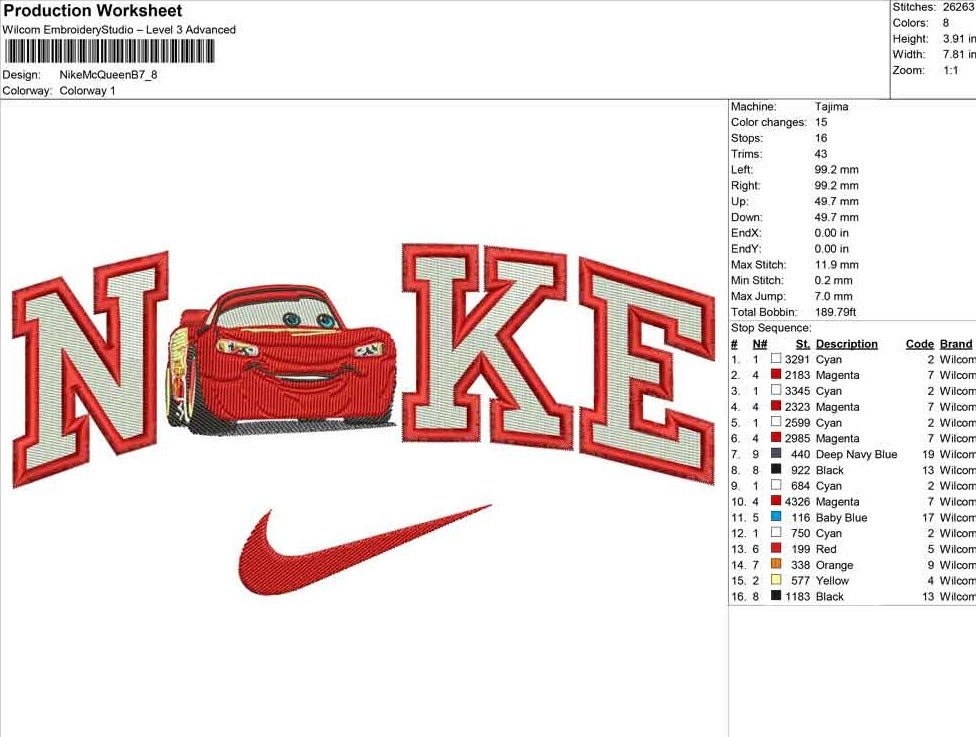 Nike Lightening McQueen Embroidery File - Twin Flame Custom