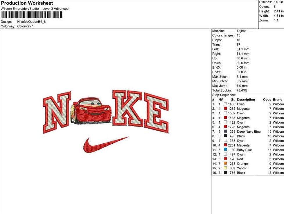 Nike Lightening McQueen Embroidery File - Twin Flame Custom