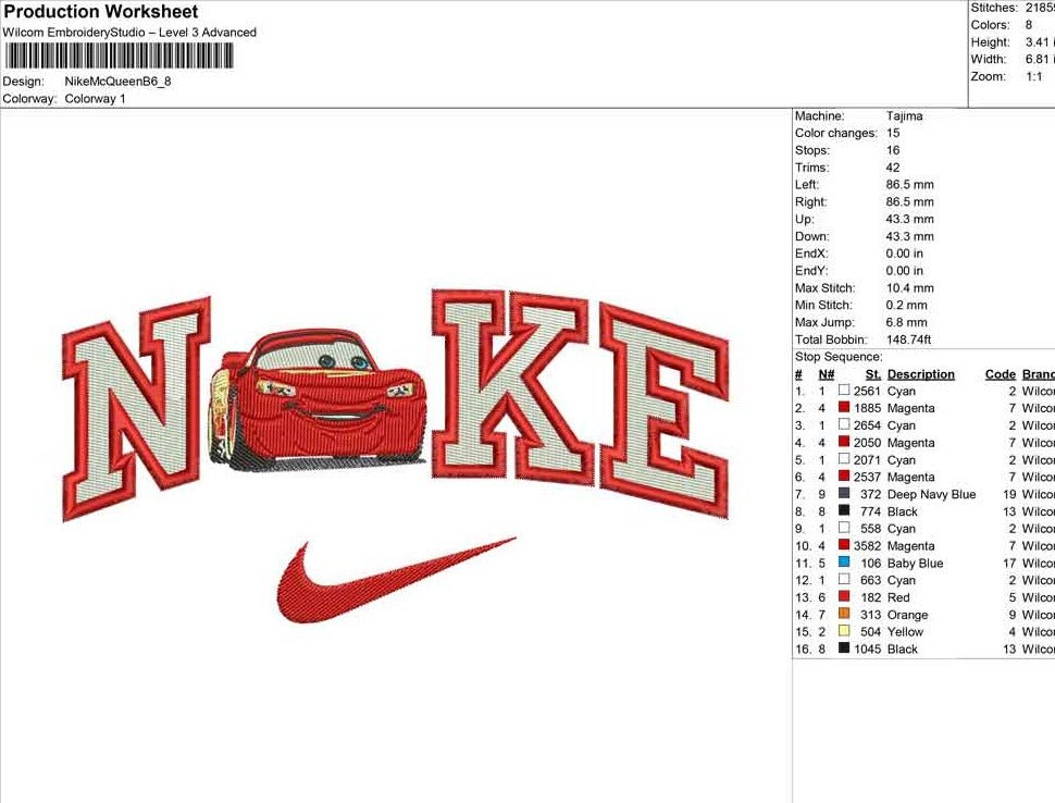 Nike Lightening McQueen Embroidery File - Twin Flame Custom